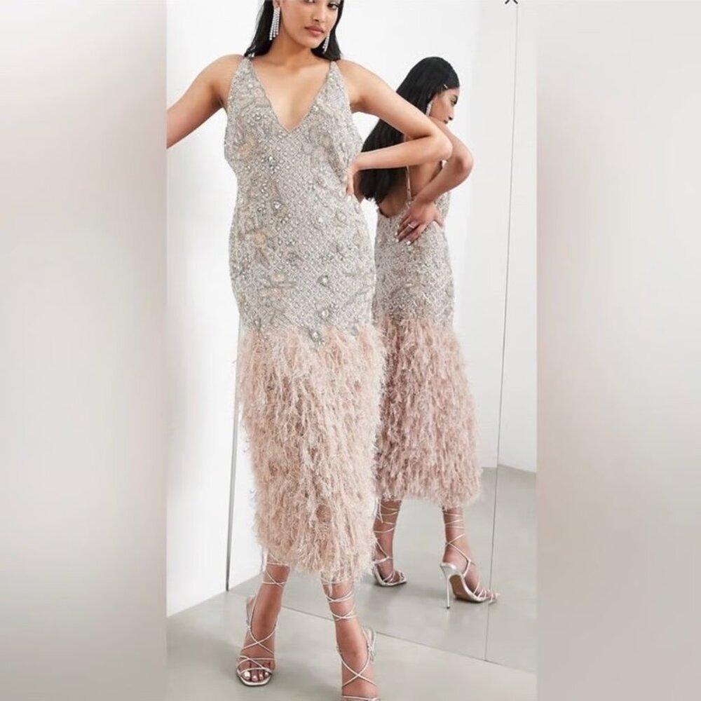 ASOS EDITION Pink & Silver Beaded Midi Dress NWT Never Worn Small